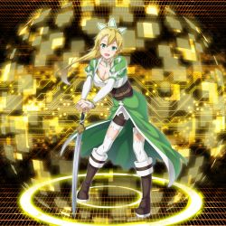 Rule 34 | 1girl, :d, absurdres, blonde hair, boots, bracelet, breasts, brown footwear, cape, choker, cleavage, collarbone, detached sleeves, floating hair, forest, full body, green cape, green eyes, hands on hilt, high ponytail, highres, jewelry, knee boots, large breasts, leafa, leaning forward, long hair, nature, open mouth, saber (weapon), shorts, smile, solo, standing, sword, sword art online, thighhighs, waist cape, weapon, white shorts, white thighhighs