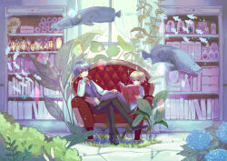 Rule 34 | 2boys, ahoge, arapaima, black footwear, black pants, blue flower, book, bookshelf, brown eyes, brown footwear, bush, chair, child, closed mouth, collared shirt, couch, crossed legs, elbow rest, fish, floating, flower, hand on own cheek, hand on own face, head rest, highres, holding, holding book, indoors, leaf, light brown hair, long sleeves, looking at viewer, male focus, meru lotte, multiple boys, neck ribbon, on chair, on couch, open book, original, pants, plant, purple hair, purple vest, reading, red ribbon, ribbon, sacabambaspis, shirt, shoes, sitting, sparkle, twitter username, vest, watermark, white shirt, window