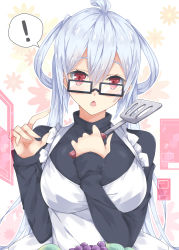 Rule 34 | !, 1girl, ahoge, apron, black-framed eyewear, black shirt, blush, breasts, chestnut mouth, commentary request, fingernails, food, fruit, glasses, grapes, hair between eyes, hair rings, holding, long hair, long sleeves, matoi (pso2), milkpanda, parted lips, phantasy star, phantasy star online 2, red eyes, shirt, silver hair, solo, spatula, spoken exclamation mark, twintails, very long hair, white apron