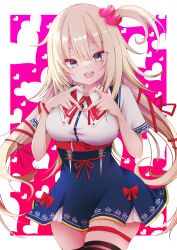 Rule 34 | 1girl, akai haato, akai haato (1st costume), black thighhighs, blonde hair, blue eyes, blue skirt, border, breasts, collared shirt, hair ornament, hair ribbon, heart, heart hair ornament, heart hands, highres, hololive, large breasts, long hair, looking at viewer, open mouth, pink background, red ribbon, ribbon, shirt, side ponytail, skirt, smile, solo, teeth, thigh strap, thighhighs, twintails, upper teeth only, virtual youtuber, white border, white shirt, yanagiba sakana