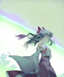 Rule 34 | 1girl, armpits, bow, closed mouth, commentary request, crop top, detached sleeves, gensokyo, green eyes, hair bow, hair tubes, hakama, hakama skirt, hakurei reimu, japanese clothes, long hair, looking at viewer, lor968, md5 mismatch, miko, nontraditional miko, red hakama, resolution mismatch, ribbon-trimmed sleeves, ribbon trim, skirt, solo, source larger, touhou, wide sleeves
