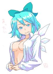 Rule 34 | 1girl, aged up, blue eyes, blue hair, bow, breasts, cirno, cleavage, female focus, hair bow, matching hair/eyes, medium breasts, navel, nipples, no bra, oekaki, open clothes, open shirt, roku, roku (warrock), shirt, simple background, solo, touhou, upper body, wings
