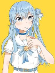 Rule 34 | absurdres, belt, blue eyes, blue hair, carton, dress, drink, drinking straw, drinking straw in mouth, highres, holding, holding drink, hololive, hoshimachi suisei, hoshimachi suisei (school uniform), md5 mismatch, resolution mismatch, school uniform, self-upload, skirt, solo, source smaller, virtual youtuber, white dress, white skirt, yellow background