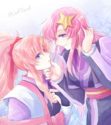 Rule 34 | 2girls, black kimono, blue eyes, bow, eye contact, grabbing another&#039;s chin, gundam, gundam seed, gundam seed destiny, hair bow, hand in own hair, hand on another&#039;s chin, high ponytail, japanese clothes, kimono, lacus clyne, long hair, long sleeves, looking at another, meer campbell, multiple girls, pink hair, red bow, smile, twitter username, upper body, very long hair, yuri, yuuka seisen