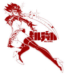 Rule 34 | 10s, 1girl, ass, blush, boots, breasts, copyright name, embarrassed, from behind, high heel boots, high heels, kill la kill, large breasts, logo, looking back, matoi ryuuko, monochrome, multicolored hair, puyocha, red theme, revealing clothes, school uniform, scissor blade (kill la kill), short hair, skirt, suspenders, sweat, sword, tears, thigh boots, thighhighs, two-tone hair, underboob, weapon