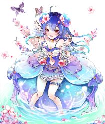 Rule 34 | 1girl, ahoge, ari (aland353), blue hair, breasts, bug, butterfly, cleavage, clothing cutout, flower, frilled skirt, frills, gradient hair, hair flower, hair ornament, insect, long hair, multicolored hair, navel, navel cutout, noa (shironeko project), open mouth, red eyes, shironeko project, skirt, small breasts, solo, thigh strap