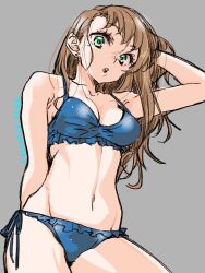 Rule 34 | 1girl, bikini, blue bikini, breasts, brown hair, commentary request, green eyes, grey background, hand in own hair, highres, long hair, looking at viewer, medium breasts, mole, mole under eye, navel, open mouth, original, sasetsu, side-tie bikini bottom, simple background, sketch, solo, swimsuit