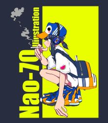 Rule 34 | 1girl, adidas, artist name, backpack, bag, blue footwear, blue headwear, brand name imitation, cigarette, commentary, food print, from side, full body, grey background, grey hair, hand up, headphones, highres, holding, holding cigarette, medium hair, nao97122, nike (company), original, profile, shirt, short ponytail, short sleeves, sidelocks, smoke, smoking, solo, squatting, symbol-only commentary, t-shirt, watermelon print, white shirt, yellow background
