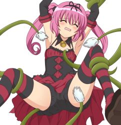 Rule 34 | 1girl, armpits, bdsm, bloomers, blush, bondage, bound, bound arms, closed eyes, colorized, elbow gloves, flat chest, gloves, highres, long hair, nana asta deviluke, purple hair, solo, spread legs, striped clothes, striped thighhighs, tentacles, thighhighs, tickling, tickling armpits, tickling flat chest, tickling legs, to love-ru, twintails, underwear