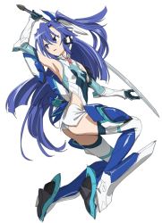 Rule 34 | 1girl, armor, blue eyes, blue hair, blue thighhighs, boots, clothing cutout, commentary request, elbow gloves, floating, full body, gloves, greaves, headgear, highres, holding, holding sword, holding weapon, ikezawa shin, kazanari tsubasa, leotard, long hair, looking to the side, magical girl, one side up, parted lips, senki zesshou symphogear, side cutout, simple background, solo, sword, thigh boots, thighhighs, very long hair, weapon, white background, white gloves, white leotard