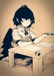 Rule 34 | 1girl, black hair, buttons, commentary request, closed eyes, hakurohokuto, hat, highres, holding, holding pen, inkwell, monochrome, neck ribbon, nib pen (object), paper, pen, pointy ears, pom pom (clothes), ribbon, seiza, shameimaru aya, shirt, short hair, short sleeves, simple background, sitting, skirt, sleeping, sleeping upright, table, tengu, tokin hat, touhou, white shirt, wings, zzz