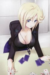 Rule 34 | 1girl, ace (playing card), blonde hair, blue eyes, breasts, card, cleavage, dog tags, holding, holding card, large breasts, light smile, miyata sou, muv-luv, muv-luv alternative, muv-luv total eclipse, playing card, short hair, solo, stella bremer