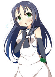Rule 34 | 10s, 1girl, alternate hairstyle, bad id, bad pixiv id, blue hair, blush, chestnut mouth, elbow gloves, gloves, green eyes, hair down, hand on own chest, kankitsunabe (citrus), kantai collection, long hair, neckerchief, sailor collar, solo, suzukaze (kancolle), white background