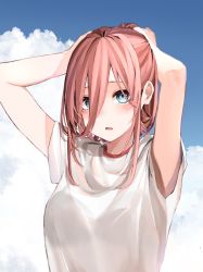 Rule 34 | 1girl, arms up, blue eyes, blue sky, blush, breasts, brown hair, cloud, commentary request, eyebrows hidden by hair, go-toubun no hanayome, hair between eyes, hands on own head, highres, jun (30409972), long hair, looking at viewer, nakano miku, open mouth, shirt, short sleeves, sky, solo, tying hair, upper body, white shirt