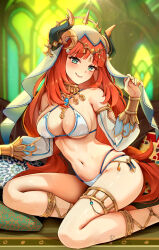 Rule 34 | 1girl, armlet, bare shoulders, bikini, blush, bracer, breasts, brooch, circlet, cleavage, closed mouth, fake horns, foxyreine, genshin impact, green eyes, hair ornament, harem outfit, highres, horns, jewelry, large breasts, long hair, long sleeves, looking at viewer, low twintails, navel, neck ring, nilou (genshin impact), puffy long sleeves, puffy sleeves, red hair, sash, sidelocks, smile, solo, stomach, swimsuit, thighlet, thighs, twintails, veil, white bikini, white veil