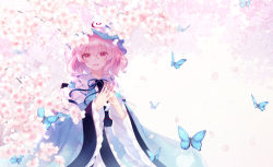 Rule 34 | 1girl, absurdres, animal, blue hat, blue kimono, blush, bug, butterfly, cherry blossoms, frilled kimono, frilled sleeves, frills, hair between eyes, hat, highres, insect, japanese clothes, kimono, long sleeves, mob cap, open mouth, petals, pink eyes, pink hair, saigyouji yuyuko, shinketsu kanyu, short hair, smile, solo, touhou, triangular headpiece, upper body, wide sleeves