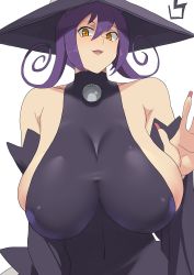 Rule 34 | 1girl, absurdres, bare shoulders, blair (soul eater), breasts, dress, fingernails, hat, highres, huge breasts, large breasts, long fingernails, looking at viewer, minakami (flyingman555), purple hair, solo, soul eater, tight clothes, tight dress, white background, yellow eyes