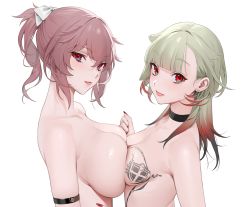 Rule 34 | 2girls, armband, asymmetrical docking, azur lane, blunt bangs, bow, breast press, breast tattoo, breasts, choker, collarbone, commentary request, duca degli abruzzi (azur lane), ear piercing, earrings, giuseppe garibaldi (azur lane), green hair, hair bow, highres, incest, jewelry, large breasts, looking at viewer, medium hair, multicolored hair, multiple girls, nail polish, ohisashiburi, piercing, pink hair, ponytail, red eyes, red nails, short hair, small breasts, tattoo, tongue, tongue out, upper body, white background, yuri
