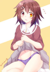 Rule 34 | 1girl, :o, bare legs, blush, brown eyes, brown hair, brown shirt, clothes lift, collared shirt, commentary request, cowboy shot, flying sweatdrops, furrowed brow, furutaka (kancolle), grey skirt, groin, hair between eyes, hair intakes, hair ornament, hairclip, head tilt, heterochromia, kantai collection, lifted by self, looking at viewer, navel, panties, purple panties, shirt, short hair, sidelocks, sitting, skirt, skirt lift, sleeves rolled up, socks, solo, tamagawa yukimaru, twitter username, two-tone background, underwear, wavy mouth, white background, white shirt, white socks, yellow background, yellow eyes, yokozuwari