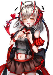Rule 34 | +++, 1girl, absurdres, ahoge, arknights, bare shoulders, black skirt, bow, bowtie, cowboy shot, demon girl, demon horns, demon tail, fang, grey hair, grey shirt, headset, heart, heart hands, highres, horns, kurosabi neko, looking at viewer, medium hair, midriff, navel, open mouth, pink bow, red bow, red bowtie, red wristband, shirt, simple background, skin fang, skirt, solo, tail, tail bow, tail ornament, w (arknights), white background, yellow eyes