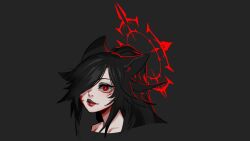 Rule 34 | 1girl, absurdres, black background, black hair, blood, blood on face, closed mouth, copyright request, cropped shoulders, halo, highres, less, long hair, ponytail, red eyes, red lips, simple background, smile, solo