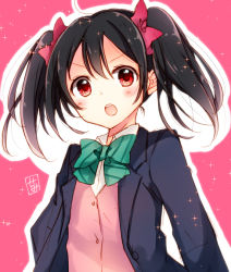Rule 34 | &gt;:o, 10s, 1girl, :o, black hair, blazer, bow, cardigan, goma (11zihisin), hair bow, jacket, looking at viewer, love live!, love live! school idol project, open clothes, open jacket, open mouth, red eyes, school uniform, short hair, solo, twintails, v-shaped eyebrows, yazawa nico
