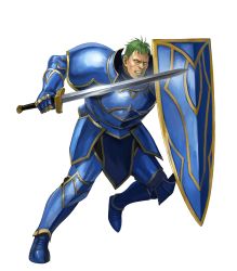 Rule 34 | 1boy, arden (fire emblem), armor, armored boots, attack, belt, blue armor, boots, brown eyes, cleft chin, clenched teeth, fire emblem, fire emblem: genealogy of the holy war, fire emblem heroes, full body, gauntlets, greaves, green hair, highres, holding, holding shield, holding sword, holding weapon, male focus, manly, nintendo, nose, official art, realistic, serious, shield, short hair, shoulder armor, soeda ippei, solo, sword, teeth, transparent background, weapon