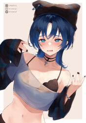 Rule 34 | 1girl, black bra, black hat, black nails, blue eyes, blue hair, blush, border, bra, breasts, choker, collarbone, commentary request, cross, cross choker, hat, highres, hiodoshi ao, hololive, hololive dev is, instagram username, looking at viewer, medium hair, mr.canaryy, navel, off shoulder, parted lips, safety pin, shirt, simple background, sleeves past wrists, small breasts, solo, striped sleeves, sweat, twitter username, underwear, upper body, virtual youtuber, white border, white shirt