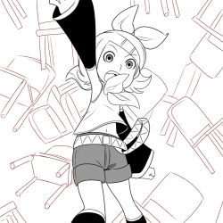 Rule 34 | 1girl, arm up, ascot, bad id, bad tumblr id, belt, chair, detached sleeves, greyscale, hair ornament, hair ribbon, hairclip, kagamine rin, kneehighs, lost one no goukoku (vocaloid), mary cagle, monochrome, navel, ribbon, shorts, socks, solo, vocaloid