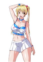 Rule 34 | 10s, 1girl, :d, arm behind head, arm up, armpits, asymmetrical hair ornament, bakuon!!, bare arms, bare legs, bare shoulders, bell, blonde hair, bow, breasts, brown eyes, choker, cleavage, collarbone, cowboy shot, female focus, hair bell, hair bow, hair ornament, hair ribbon, hand on own head, highres, large breasts, legs, long hair, looking at viewer, midriff, miniskirt, navel, neck, open mouth, ozaneko, pleated skirt, race queen, ribbon, shiny skin, simple background, skirt, smile, solo, standing, suzuki (company), suzunoki rin, tank top, twintails, white background, white skirt