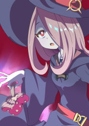 Rule 34 | 1girl, colored skin, grey skin, hair over one eye, hat, light purple hair, little witch academia, long hair, luna nova school uniform, mitche, mushroom, open mouth, pale skin, red background, red eyes, school uniform, solo, sucy manbavaran, wide sleeves, witch, witch hat