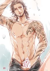 Rule 34 | 10s, abs, cum, ejaculation, final fantasy, final fantasy xv, flame know, gladiolus amicitia, ignis scientia, licking lips, looking at viewer, male focus, muscular, orgasm, penis grab, pov, topless male, tattoo, tongue, yaoi