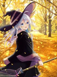 Rule 34 | 1girl, absurdres, ahoge, autumn leaves, black hat, blush, bow, braid, broom, commentary request, dot nose, elaina (majo no tabitabi), falling leaves, hair between eyes, hair bow, hat, highres, holding, holding broom, lake, leaf, long hair, long sleeves, majo no tabitabi, nakki (toarumajyutushi), open mouth, purple eyes, revision, signature, smile, solo, tree, white hair, wide sleeves, wind, witch, witch hat