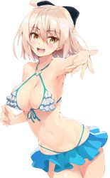 Rule 34 | 1girl, absurdres, alternate costume, aqua bikini, bare shoulders, bikini, bikini skirt, black bow, bow, breasts, cleavage, contemporary, cowboy shot, criss-cross halter, fate/grand order, fate (series), frilled bikini, frilled bikini top, frills, front-tie bikini top, front-tie top, hair between eyes, hair bow, halterneck, highres, looking at viewer, medium breasts, miniskirt, navel, okita souji (fate), okita souji (koha-ace), open mouth, outstretched arm, pink hair, shiny skin, short hair, shunichi, simple background, skindentation, skirt, solo, stomach, swimsuit, thighs, yellow eyes