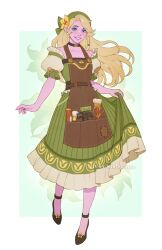 Rule 34 | 1girl, apron, artist name, black choker, black footwear, blonde hair, blue eyes, braid, brown apron, choker, colored skin, commentary, dress, english commentary, floral background, flower choker, freckles, full body, grin, hammer, highres, juliet sleeves, long sleeves, looking at viewer, paintbrush, palia, pink skin, pointy ears, puffy sleeves, scissors, short hair, simple background, skirt hold, smile, solo, tish (palia), winterleigh