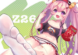 Rule 34 | 1girl, :d, azur lane, bandaid, bandaid on knee, bandaid on leg, bare shoulders, black shirt, blush, bugles, bugles (food), bugles on fingers, character name, collarbone, commentary request, crop top, crop top overhang, fang, flat chest, food, food on face, food on hand, green eyes, groin, hair between eyes, hair ornament, hairclip, highres, holding, holding food, long hair, looking at viewer, loungewear, manjuu (azur lane), micro shorts, midriff, navel, off-shoulder shirt, off shoulder, open mouth, pink hair, poco., polka dot, polka dot background, purple eyes, shirt, short sleeves, shorts, sidelocks, sitting, sleep mask, smile, socks, solo, twintails, very long hair, white background, white socks, z26 (azur lane), z26 (sharing is caring) (azur lane)