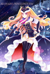 Rule 34 | 10s, 1girl, animal hat, bare shoulders, black thighhighs, blush, boots, brown hair, detached sleeves, dress, flower, hat, highres, lens flare, long hair, long legs, mawaru penguindrum, night, open mouth, pink eyes, princess of the crystal, puracotte, sky, solo, star (symbol), takakura himari, thigh boots, thighhighs