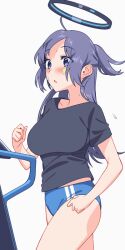 Rule 34 | 1girl, animated, animated gif, black shirt, blew andwhite, blue archive, blue buruma, blush, bouncing breasts, breasts, breath, buruma, commentary request, exercising, gym uniform, halo, heavy breathing, large breasts, long hair, looking at viewer, looping animation, official alternate costume, open mouth, ponytail, purple eyes, purple hair, running, shirt, simple background, solo, sticker on face, sweat, treadmill, white background, yuuka (blue archive), yuuka (track) (blue archive)