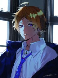 Rule 34 | 1boy, a3!, ahoge, blonde hair, blue jacket, collared shirt, earrings, highres, indoors, jacket, jewelry, looking to the side, male focus, necktie, noise, open clothes, open jacket, overexposure, parted bangs, parted lips, patterned, photo background, print necktie, print neckwear, purple eyes, shirt, shoco (sco labo), short hair, solo, sumeragi tenma, upper body, white shirt, window