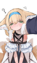 Rule 34 | 1girl, 1other, ?, absurdres, animal ear fluff, animal ears, arknights, bare shoulders, black collar, blonde hair, blue hairband, blush, braid, closed mouth, clothing cutout, collar, commentary, dress, flying sweatdrops, fox ears, fox girl, fox tail, frilled sleeves, frills, green eyes, hairband, hand on another&#039;s chin, highres, infection monitor (arknights), kitsune, kyuubi, material growth, multicolored hair, multiple tails, nyashiro (sgylk), oripathy lesion (arknights), short hair, shoulder cutout, simple background, solo focus, stroking another&#039;s chin, suzuran (arknights), tail, twin braids, two-tone hair, white background, white hair