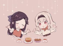 Rule 34 | 2girls, :d, baumkuchen, belt, belt buckle, black hairband, blonde hair, blush, bow, bowl, brown background, brown belt, brown hair, buckle, cake, chibi, chocolate chip cookie, closed eyes, collared shirt, commentary request, cookie, cropped torso, cup, food, hair bow, hair ornament, hairband, half updo, hands up, long hair, long sleeves, looking at food, multiple girls, neckerchief, open mouth, orange neckerchief, orange vest, parted bangs, plate, purple bow, red eyes, saijou claudine, saucer, shaka sign, shirt, shoujo kageki revue starlight, sidelocks, sleeves rolled up, smile, sparkle, star (symbol), starry background, sweater, tea, teacup, tendou maya, vest, wato (ko), white shirt, white sweater, x hair ornament