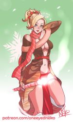 Rule 34 | 1girl, amulet, blonde hair, blue eyes, boots, bow, breasts, candy, candy cane, center opening, christmas, cleavage, commentary, dress, earrings, food, gem, gradient hair, hair bow, jewelry, knee boots, lips, medium breasts, mercy (overwatch), multicolored hair, navel, off-shoulder dress, off shoulder, one eyed neko, overwatch, overwatch 1, pantyhose, pelvic curtain, pink pantyhose, red bow, red hair, scarf, short ponytail, solo, stomach, winter