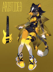 Rule 34 | 1girl, absurdres, animal ears, belt, belt pouch, black hair, black one-piece swimsuit, blonde hair, body fur, cat ears, cat girl, cat tail, colored inner hair, commentary, covered navel, expressionless, fanny pack, full body, furry, furry female, grey fur, guitar, highres, instrument, jacket, knees together feet apart, long sleeves, looking at viewer, multicolored hair, multiple belts, one-piece swimsuit, open clothes, open jacket, original, personification, pouch, see-through, see-through jacket, shiiorina, short hair, simple background, solo, standing, streaked hair, swimsuit, swimsuit under clothes, symbol-only commentary, tail, tail ornament, tail strap, thigh pouch, thigh strap, v-shaped eyebrows, white fur, white hair, yellow background, yellow eyes, yellow footwear, yellow theme
