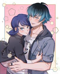 Rule 34 | 1boy, 1girl, black jacket, blazer, blue eyes, blue hair, blue hoodie, blush, closed mouth, hibidaikansya2, highres, hood, hoodie, hug, jacket, looking at another, luka couffaine, marinette dupain-cheng, miraculous ladybug, open clothes, open jacket, open mouth, pants, pink background, pink pants, shirt, short twintails, smile, twintails, white shirt