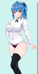 Rule 34 | 1girl, black neckwear, black thighhighs, blue background, blue hair, blush, breasts, commentary request, feet out of frame, hair between eyes, hair ornament, hand on own breast, highres, large breasts, long sleeves, looking at viewer, medium hair, panties, pixiv14569549, ponytail, prinz eugen (warship girls r), red eyes, simple background, solo, standing, thighhighs, two-tone panties, underwear, warship girls r