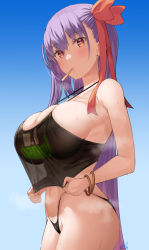 Rule 34 | 1girl, bare shoulders, bb (fate), bb (fate/extra), black camisole, black panties, blush, breasts, camisole, cleavage, clothes lift, clothes writing, collarbone, fate/extra, fate/extra ccc, fate (series), hair ribbon, highleg, highleg panties, highres, large breasts, long hair, looking at viewer, mouth hold, navel, panties, popsicle stick, purple eyes, purple hair, red ribbon, ribbon, solo, underwear, uo denim, very long hair