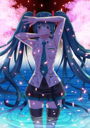 Rule 34 | 00s, 1girl, absurdres, aqua eyes, aqua hair, hatsune miku, highres, long hair, looking at viewer, necktie, petals, skirt, solo, standing, switch01, thighhighs, twintails, very long hair, vocaloid, wading, wet