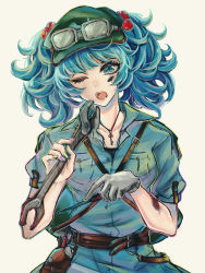 Rule 34 | 1girl, absurdres, belt, blue eyes, blue hair, gloves, goggles, goggles on headwear, green hat, hair bobbles, hair ornament, hat, highres, jumpsuit, kawashiro nitori, key, kyogoku-uru, looking at viewer, matching hair/eyes, messy hair, multicolored nails, nail polish, one eye closed, open mouth, puffy short sleeves, puffy sleeves, screwdriver, short hair, short sleeves, solo, stain, tools, touhou, twintails, two side up, upper body, white gloves, wrench