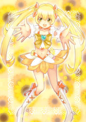 Rule 34 | 10s, 1girl, bad id, bad pixiv id, blonde hair, boots, bow, brooch, cure sunshine, floral background, hair ribbon, heart, heart brooch, heartcatch precure!, knee boots, legs, long hair, magical girl, midriff, myoudouin itsuki, navel, outstretched hand, precure, ribbon, skirt, solo, tamaichi, twintails, yellow background, yellow bow, yellow eyes, yellow skirt, yellow theme