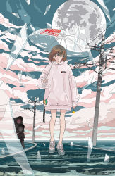 Rule 34 | 1girl, bare legs, brown hair, cloud, cloudy sky, commentary request, flower, full body, full moon, glass shards, highres, holding, holding flower, holding umbrella, hood, hood down, hoodie, horizon, ligne claire, long sleeves, looking at viewer, moon, original, outdoors, power lines, railroad tracks, seraphitalg, shoes, short hair, signature, sky, sleeves past wrists, sneakers, solo, traffic light, transparent, transparent umbrella, umbrella, utility pole, walking, water, white footwear, white hoodie